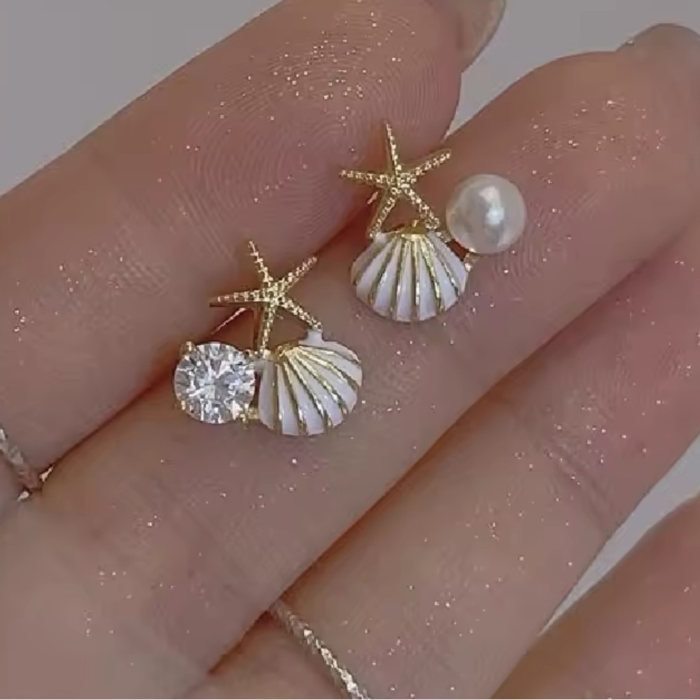 Gold and White Starfish Shell Earrings
